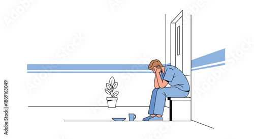 A man in medical scrubs sits alone with head in hands, looking dejected, symbolizing loneliness, despair, and mental health struggles in a professional context.