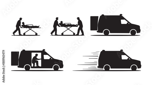 Ambulance Silhouettes in Emergency Response Sequence with Black and White Illustration for Medical Services