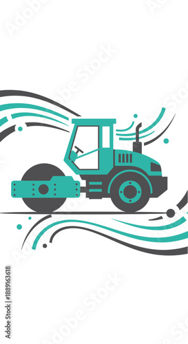 Abstract Roller Compactor Machine On A White Background With Swirling Lines