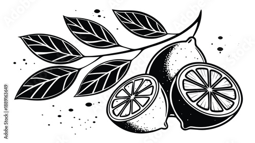 A detailed illustration of lemons leaves and slices rendered in a striking black silhouette high quality