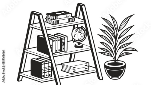 A charming bookshelf with books a clock and a plant in a graphic silhouette high quality