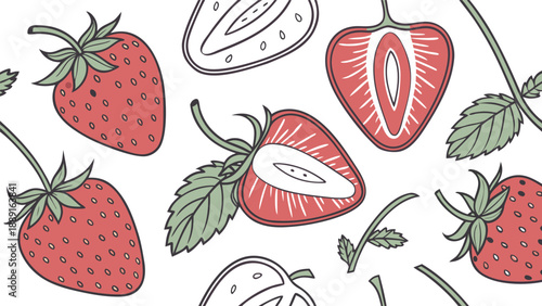 Stylized strawberry pattern with whole and halved fruits creating a playful silhouette high quality professional detailed