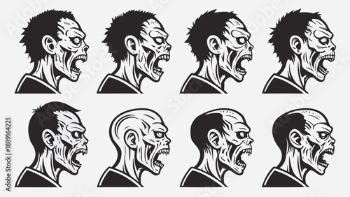 Eight zombie head illustrations showcasing varied expressions and stages of decay a dark silhouette high quality