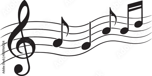 Music notes wave with treble clef melody symbol in clean vector style on white background for creative design.