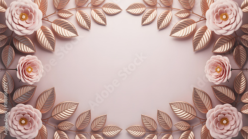 A beautiful floral border with pink roses and golden leaves on a soft pink background