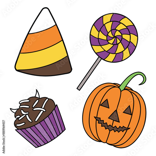 Colorful halloween treats including candy corn lollipop pumpkin and cupcake silhouette high quality professional detailed modern