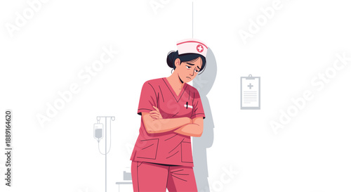 A sad nurse in scrubs and cap stands with arms crossed, looking down, conveying exhaustion, burnout, and emotional distress in a healthcare setting.
