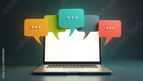 Laptop screen displaying colorful chat bubbles symbolizing online communication and discussion