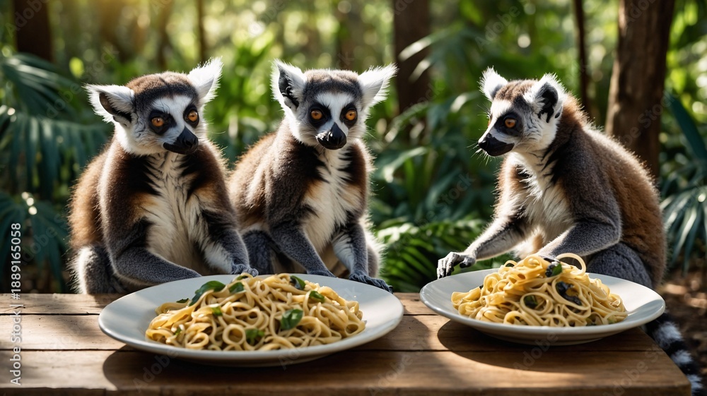 Fototapeta premium Three playful ring-tailed lemurs curiously eyeing plates of spaghetti in a vibrant, green forest setting.