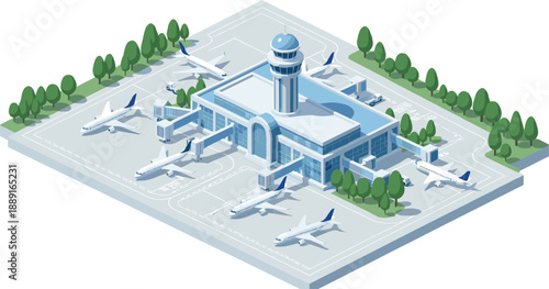 Isometric vector illustration of a modern airport terminal building with control tower airplanes on runway trees and passengers boarding through jet bridges.
