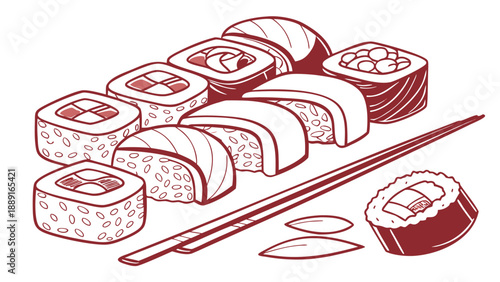 A colorful assortment of sushi rolls and chopsticks presented in a clean graphic silhouette high quality