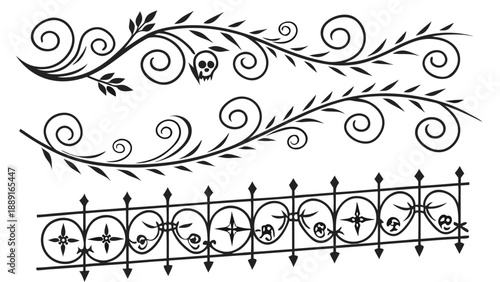 Decorative floral swirls and skulls create a gothic border design black and white silhouette high quality