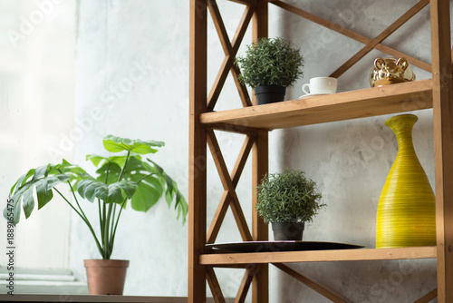 Fotografia Modern interior detail featuring wooden shelving with potted plants, decorative