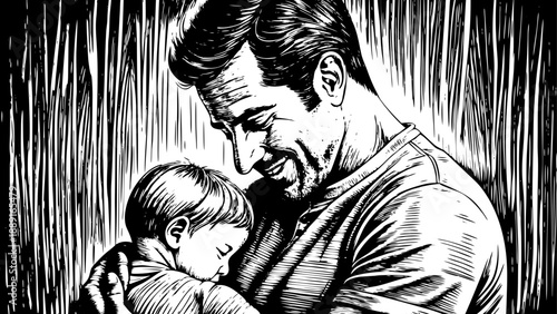 Very beautiful close-up portrait of a proud father holding his baby, sharing a warm smile and strong emotional connection inside a modern home, symbolizing care, protection, and fatherhood.