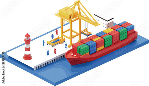Isometric vector illustration of a large container ship docking at a port with industrial cranes lighthouse and workers for global shipping logistics.
