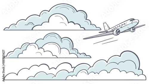 A light blue illustration depicts an airplane flying amongst fluffy clouds silhouette high quality professional detailed