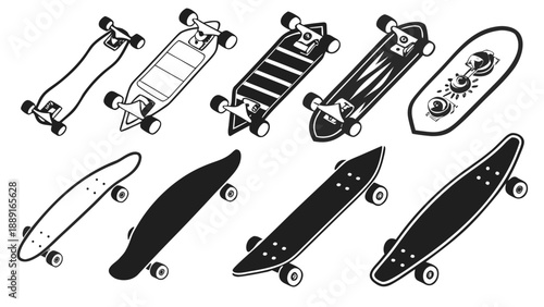 Various skateboard designs in black and white showcasing different shapes and styles silhouette high quality professional