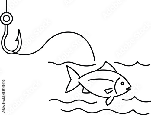 Fishing hook with fish jumping out of water line art, outdoor hobby and angling concept, cad drawing flat vector illustration for sports