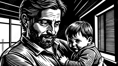 Very beautiful close-up portrait of a proud father holding his baby, sharing a warm smile and strong emotional connection inside a modern home, symbolizing care, protection, and fatherhood.