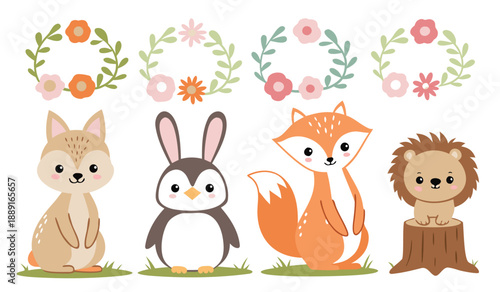 Cute cartoon animals with a floral wreath border create a charming whimsical silhouette high quality professional
