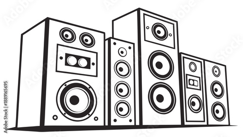 Black and white illustration depicting multiple stereo speakers in a striking silhouette high quality professional detailed