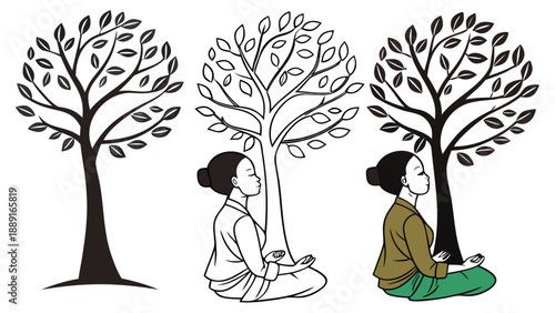 Two women meditate peacefully under trees depicted in a striking black outline silhouette high quality professional