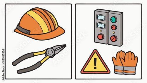 Construction tools and safety equipment depicted in a flat illustrative silhouette high quality professional detailed modern