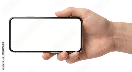 Person holding a modern smartphone horizontally with a blank screen displaying for content or application mockup isolated on transparent background