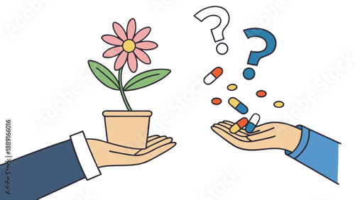 A hand offering pills near a flower in a pot depicted as a flat silhouette