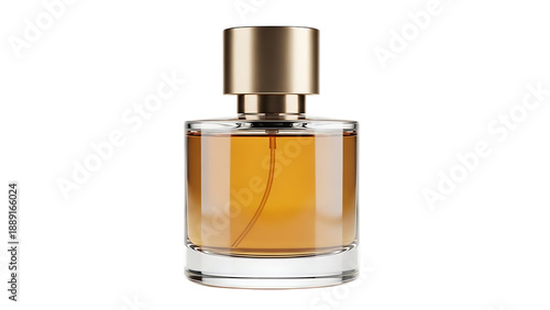 A glass perfume bottle with golden liquid isolated on transparent background