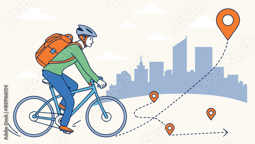 A cyclist with a backpack navigates a city route marked by location pins silhouette high quality
