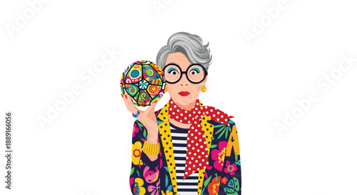 Stylish older woman with distinctive eyeglasses and gray hair, wearing a colorful patterned jacket and holding an artfully decorated ball, showcasing bold fashion and ...
