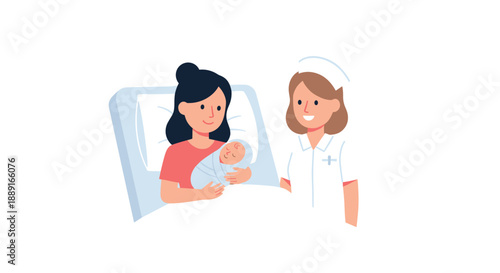 Mother holding her newborn baby in a hospital bed, with a smiling nurse beside them, representing childbirth, new life, and postpartum care.