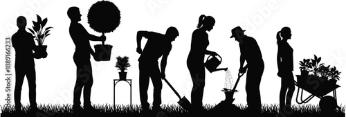 Gardening, people, silhouettes, planting, watering, plants, teamwork, outdoor, activity, garden, care, eco, lifestyle, community, nature, cad, drawing, flat, vector, illustration