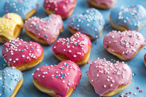 Heart-shaped donuts with colorful icing and sprinkles on a blue background, perfect for festive and romantic occasions.