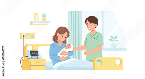 Woman in hospital bed holding a newborn baby, with a male nurse nearby, near medical equipment, depicting childbirth, family bonding, and hospital care.
