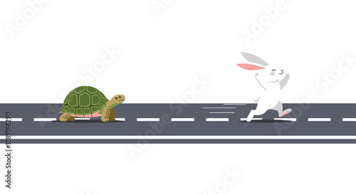 Hare running ahead of a tortoise on a road with dashed lines, depicting the famous fable of the Hare and the Tortoise, symbolizing perseverance and overconfidence.