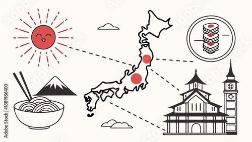 Illustrative depiction of japan with cultural icons and a rising sun silhouette high quality professional detailed