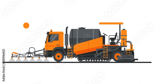 Asphalt Paving Machine Working On Road Construction Site Flat Design Illustration