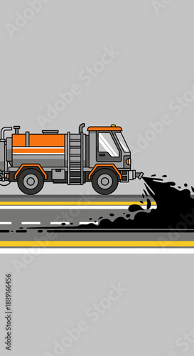 Asphalt Truck Spreading Tar On Road Construction and Maintenance Scene