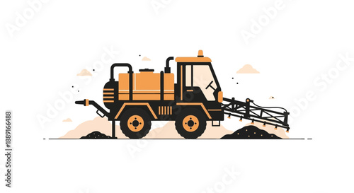 Agricultural Sprayer Truck Working On Field In Flat Design Style