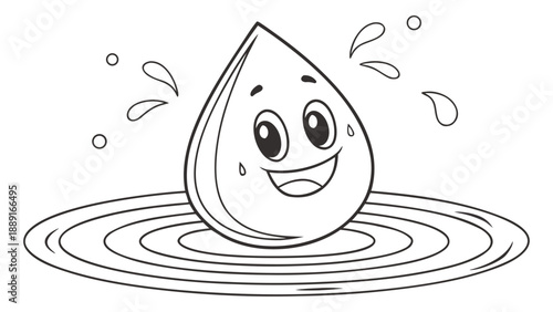 A cheerful water droplet character with a smiling face and circular ripples silhouette high quality professional