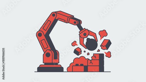 Automated Demolition Robot Crushing Brick Wall with Wrecking Ball