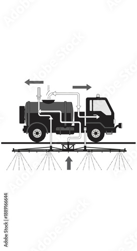 Agricultural Spraying Truck Diagram With Flow Arrows And Nozzles Active