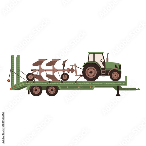 Agricultural Tractor Transported On A Flatbed Trailer With Plow Attachment
