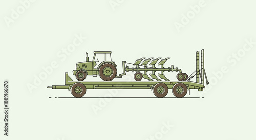 Agricultural Tractor and Plough Transported on Flatbed Trailer