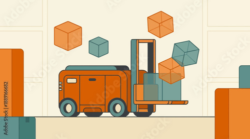 Automated Forklift Navigating Warehouse With Moving Cubes For Logistic Efficiency