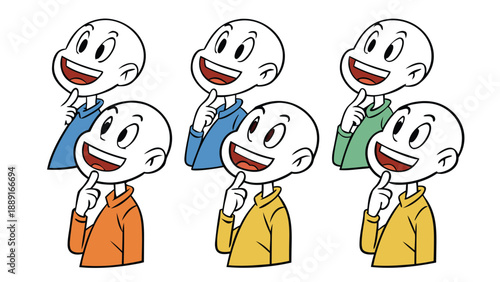 Six cartoon figures pondering with a raised finger showcasing a bold silhouette high quality professional detailed