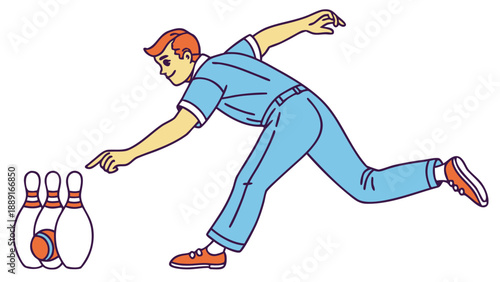 A vintage illustration depicts a bowler in mid throw aiming at bowling pins silhouette high quality