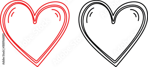 Two stylized heart outlines one rendered in vibrant red and the other in stark black showing layered, hand drawn border details perfect for romantic design projects